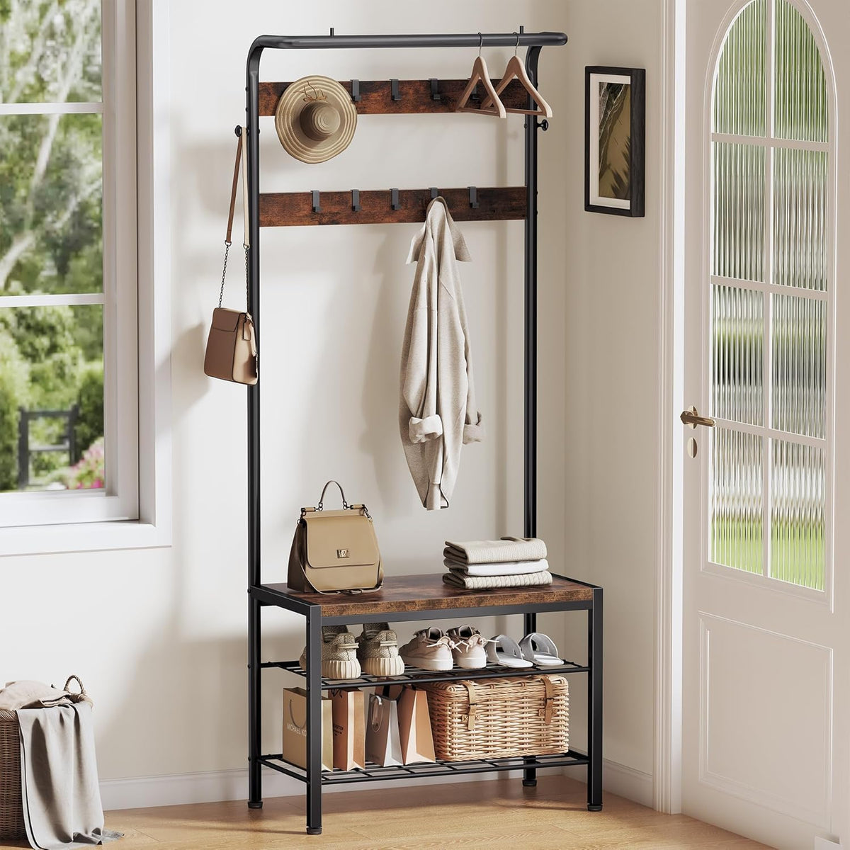 NEWBULIG hall tree in rustic wood finish for organized entryways