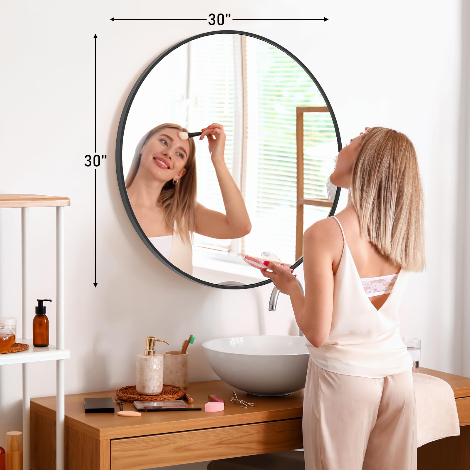 NEWBULIG round 30-inch mirror above sink highlighting clear undistorted reflection
