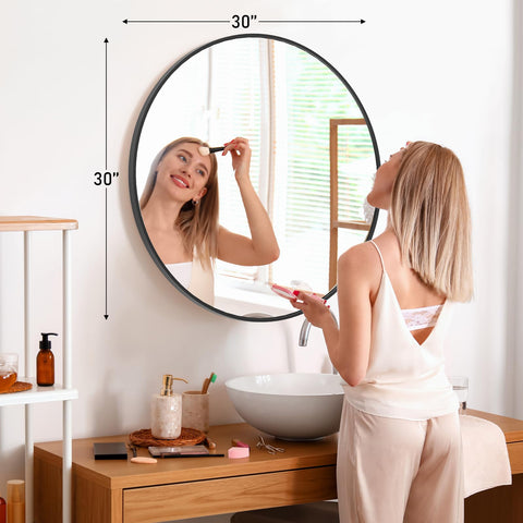 NEWBULIG round 30-inch mirror above sink highlighting clear undistorted reflection