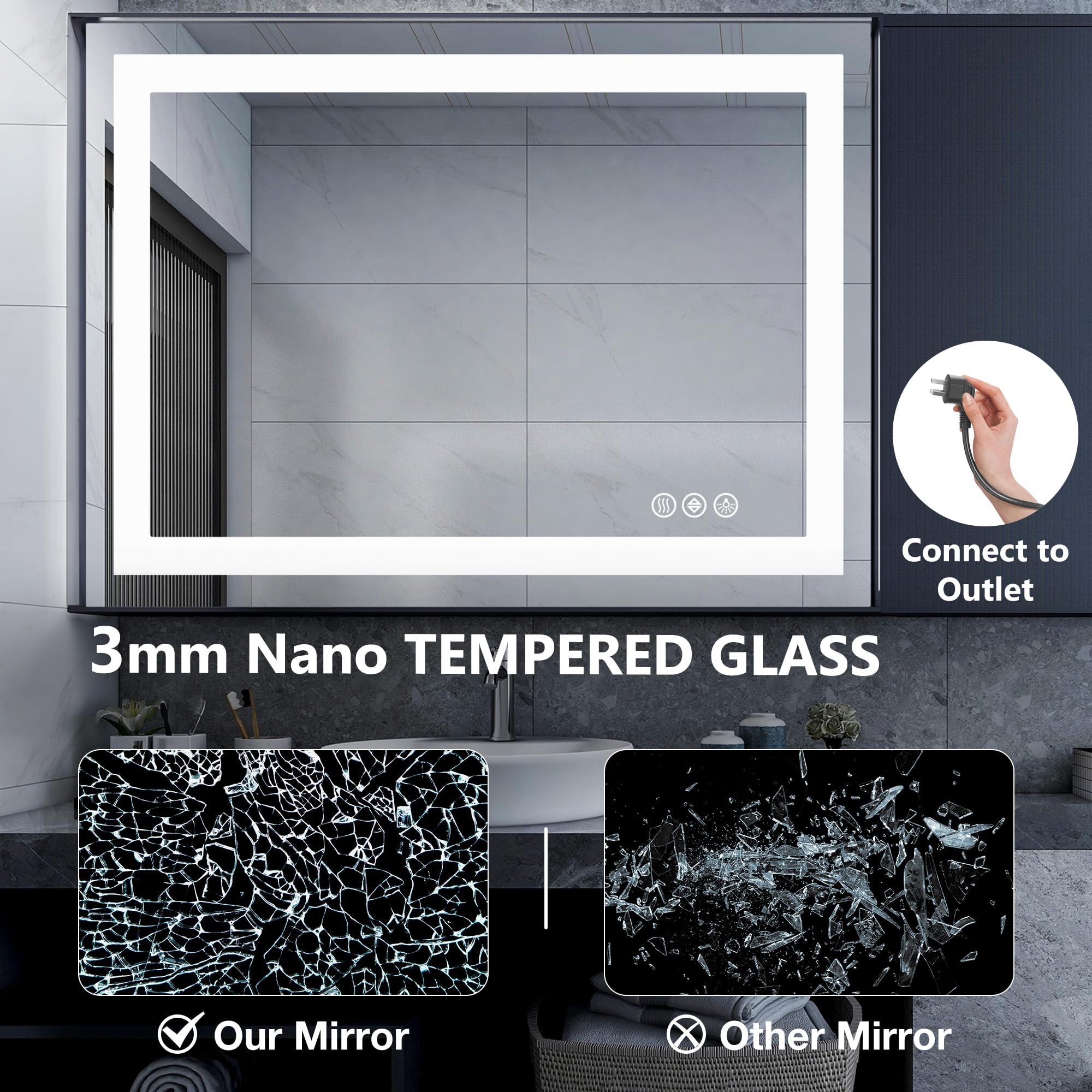 NEWBULIG Smart Anti-Fog Mirror wall mounted design saves counter space