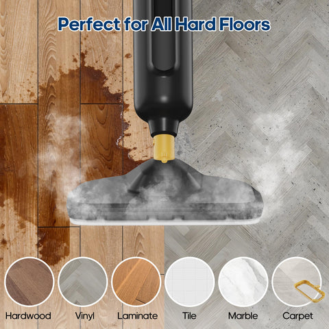 NEWBULIG steam mop with 180° swivel head reaches tight spots.