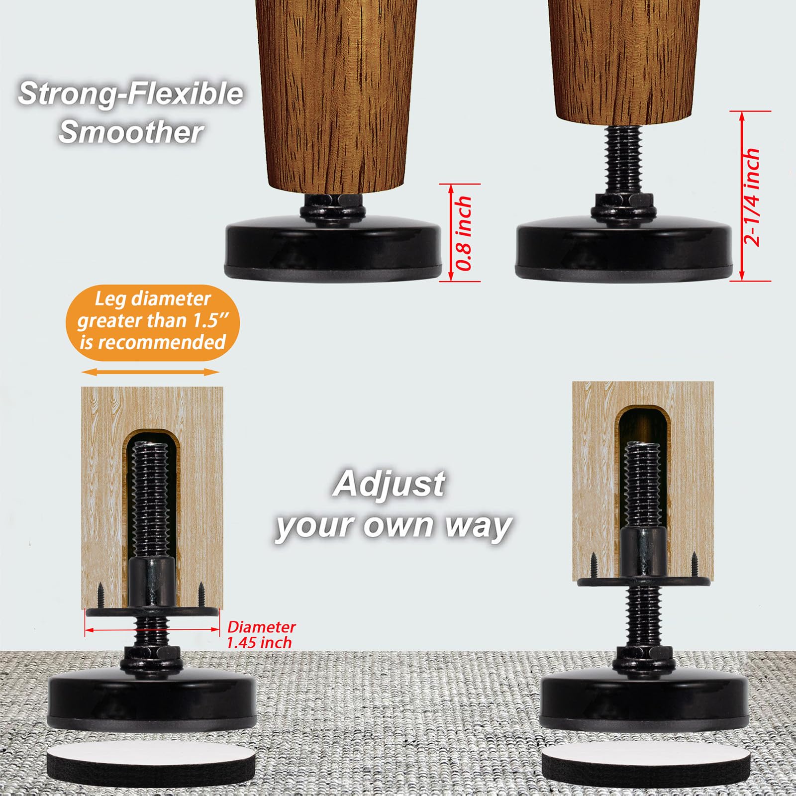 NEWBYTEK rustproof steel levelers provide heavy-duty support for desks and sofas.