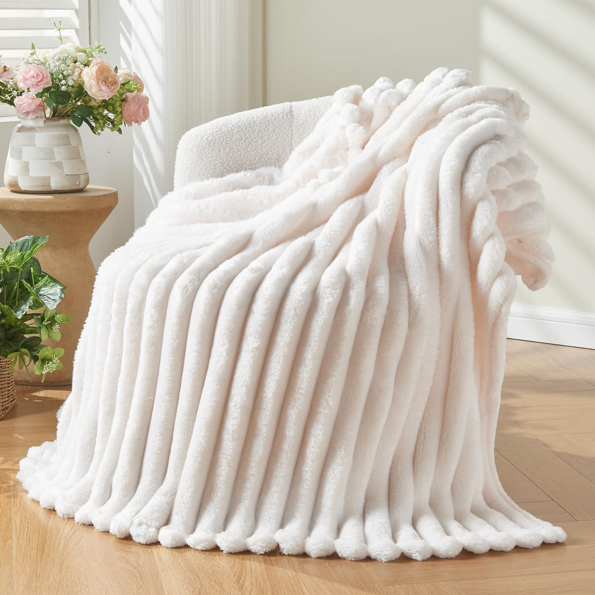 NEWCOSPLAY ivory ribbed jacquard twin blanket close-up showing plush softness