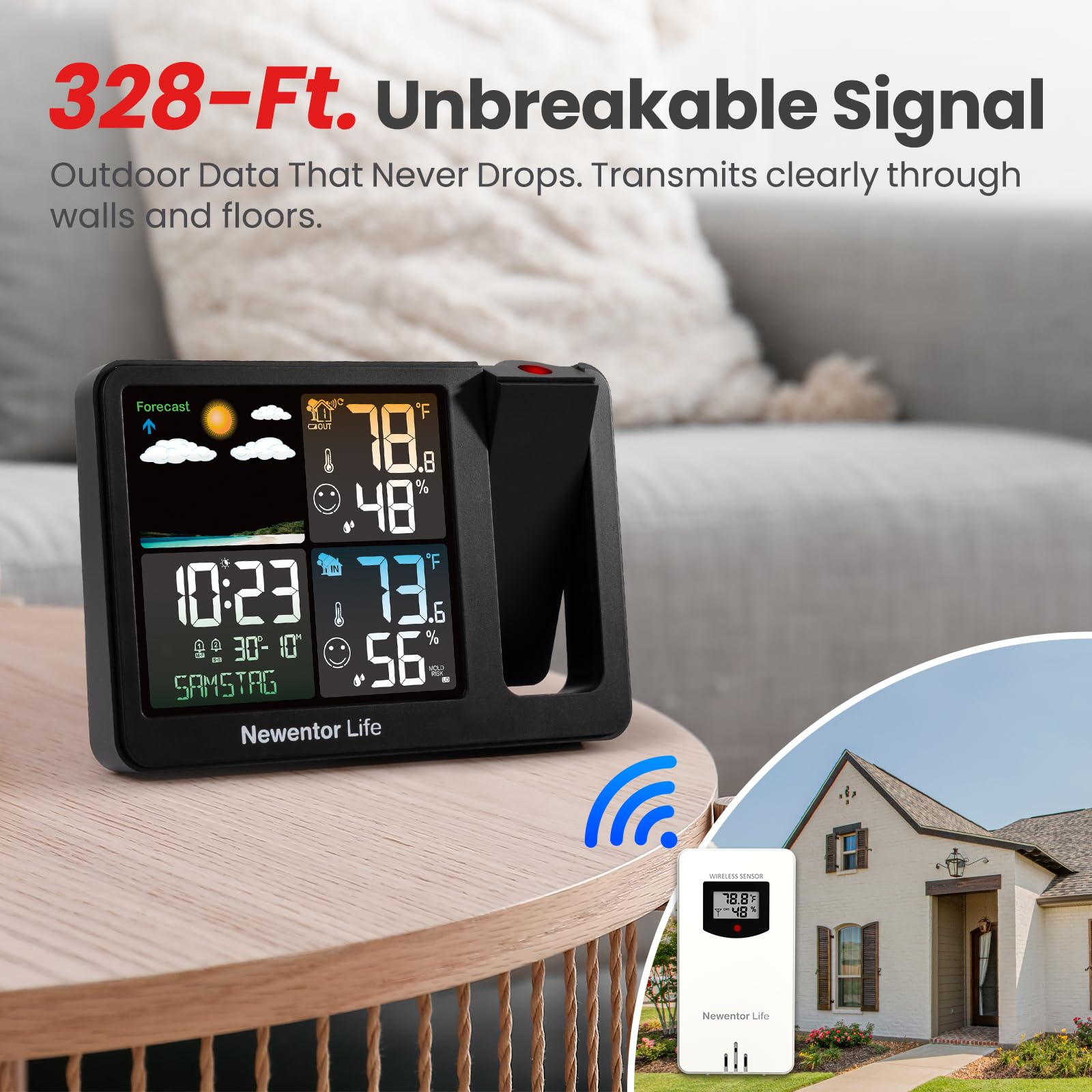 Newentor weather station reads indoor outdoor temperature and humidity.