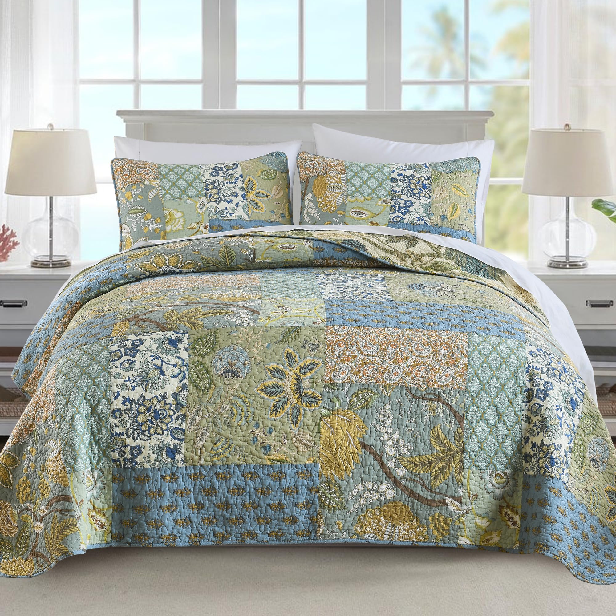 NEWLAKE quilt set queen size with patchwork green bohemian pattern for a vibrant, cozy bed