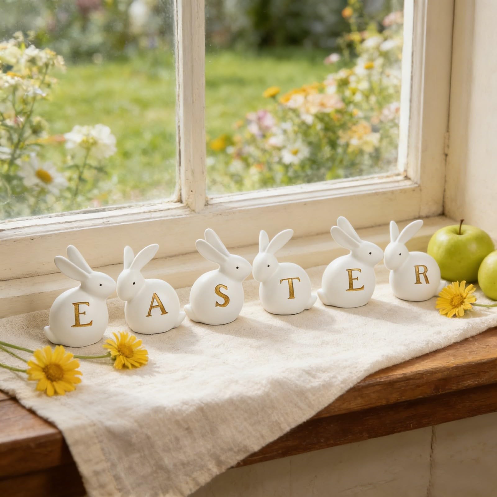 Newman House Studio bunnies with letters option, ideal for personalized shelf decor.