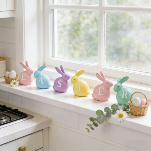 Newman House Studio hand-painted rabbits create farmhouse vibes for gatherings.