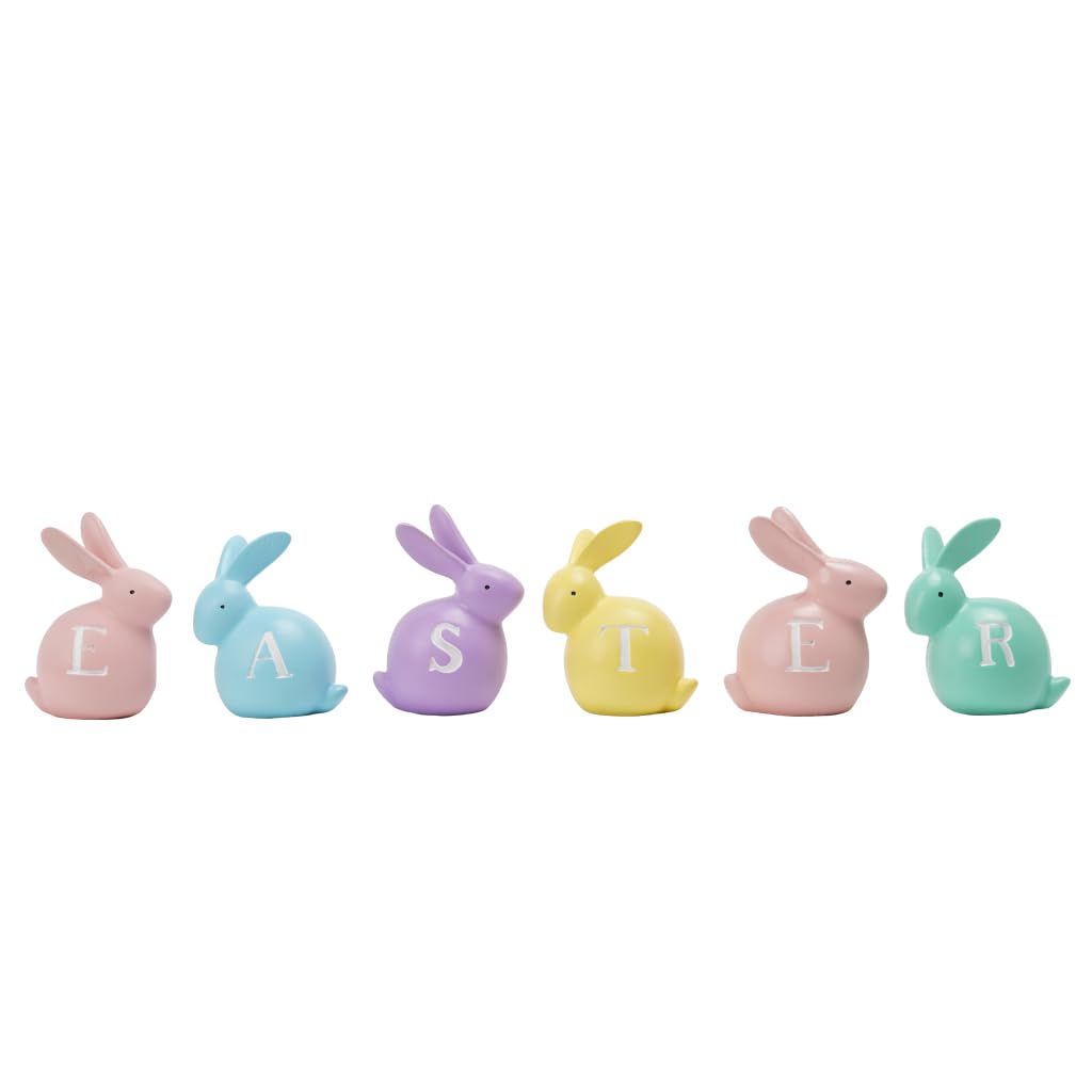 Newman House Studio hand-painted bunny figurines add festive color to spring tables.
