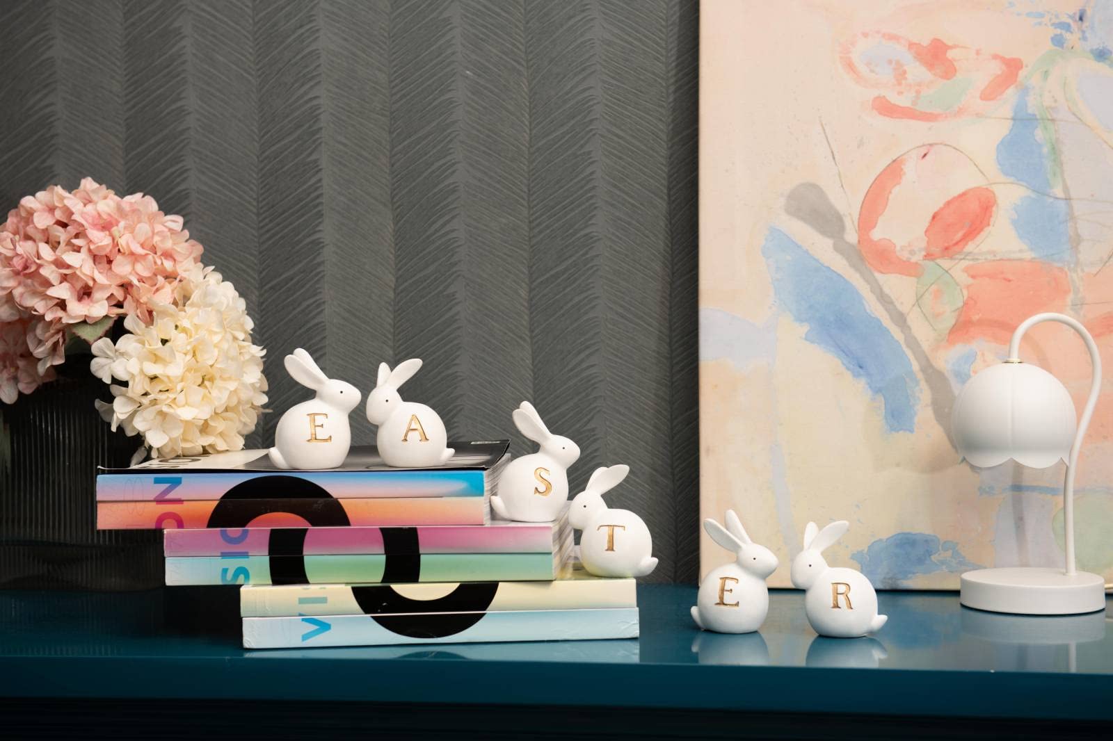 Newman House Studio home office table decor Easter bunny set adds seasonal charm.