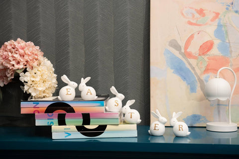 Newman House Studio home office table decor Easter bunny set adds seasonal charm.