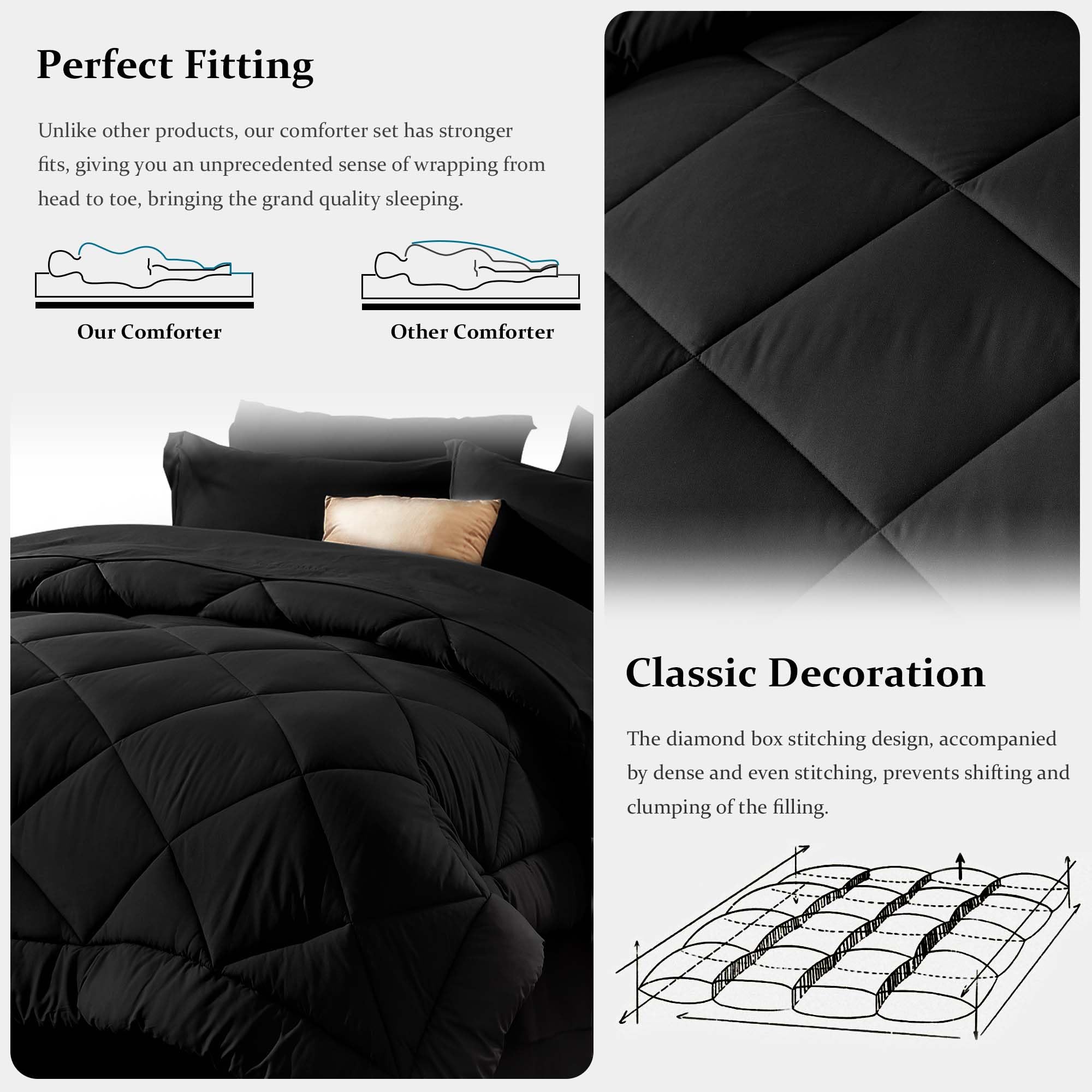 Newspin Queen Comforter Set Black fitted sheet closeup with 360° elastic edge