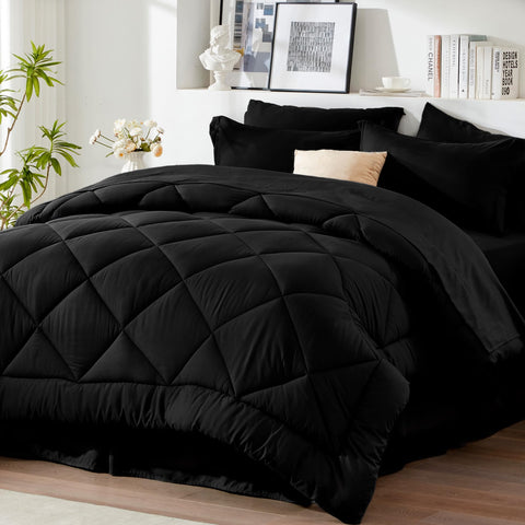 Newspin Queen Comforter Set Black packaging image showing compact vacuum packaging preserves fluff