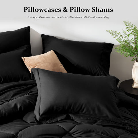 Newspin Queen Comforter Set Black pillowcases and shams show coordinated bedding