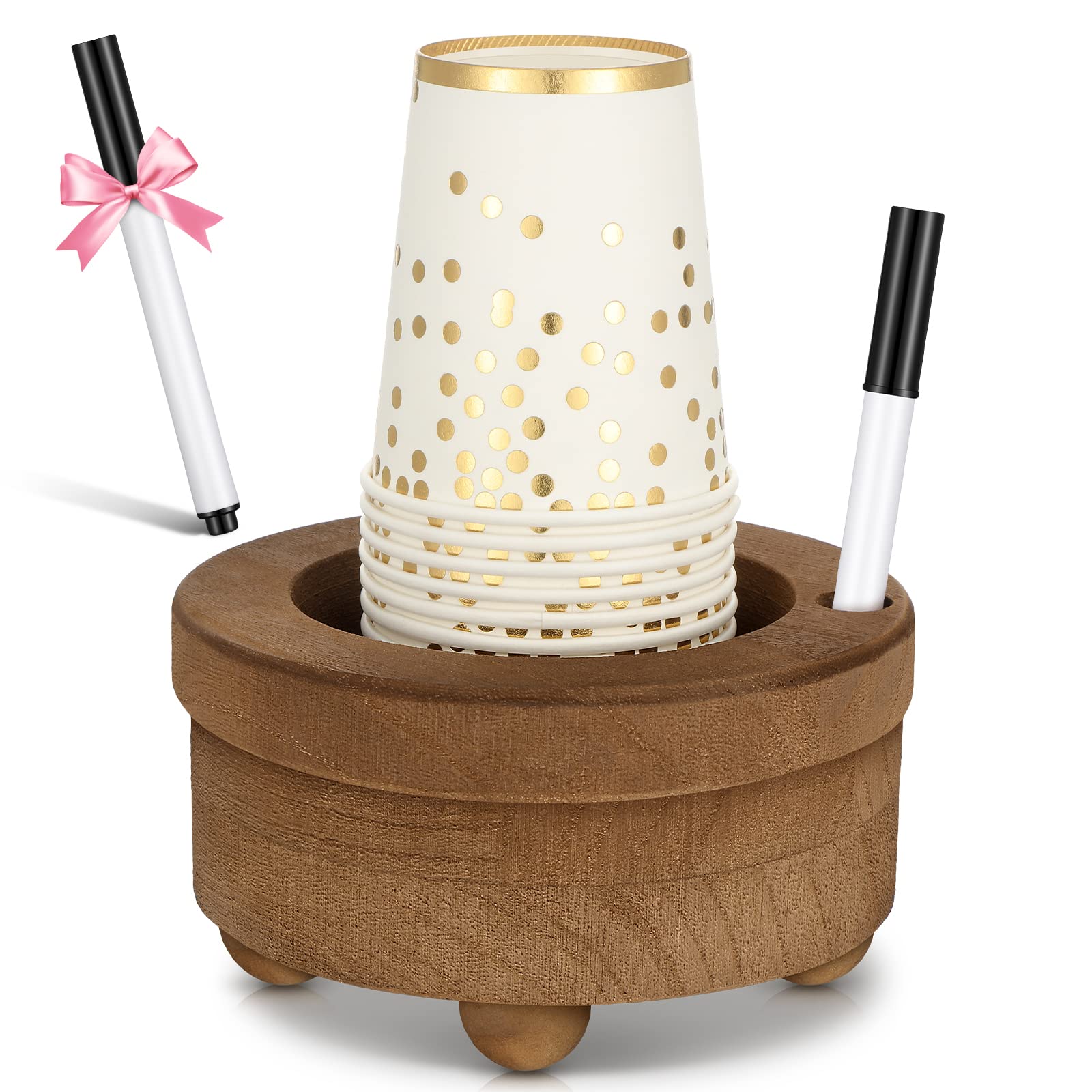 Newtay wooden cup holder with marker slot keeps drinks organized on table.
