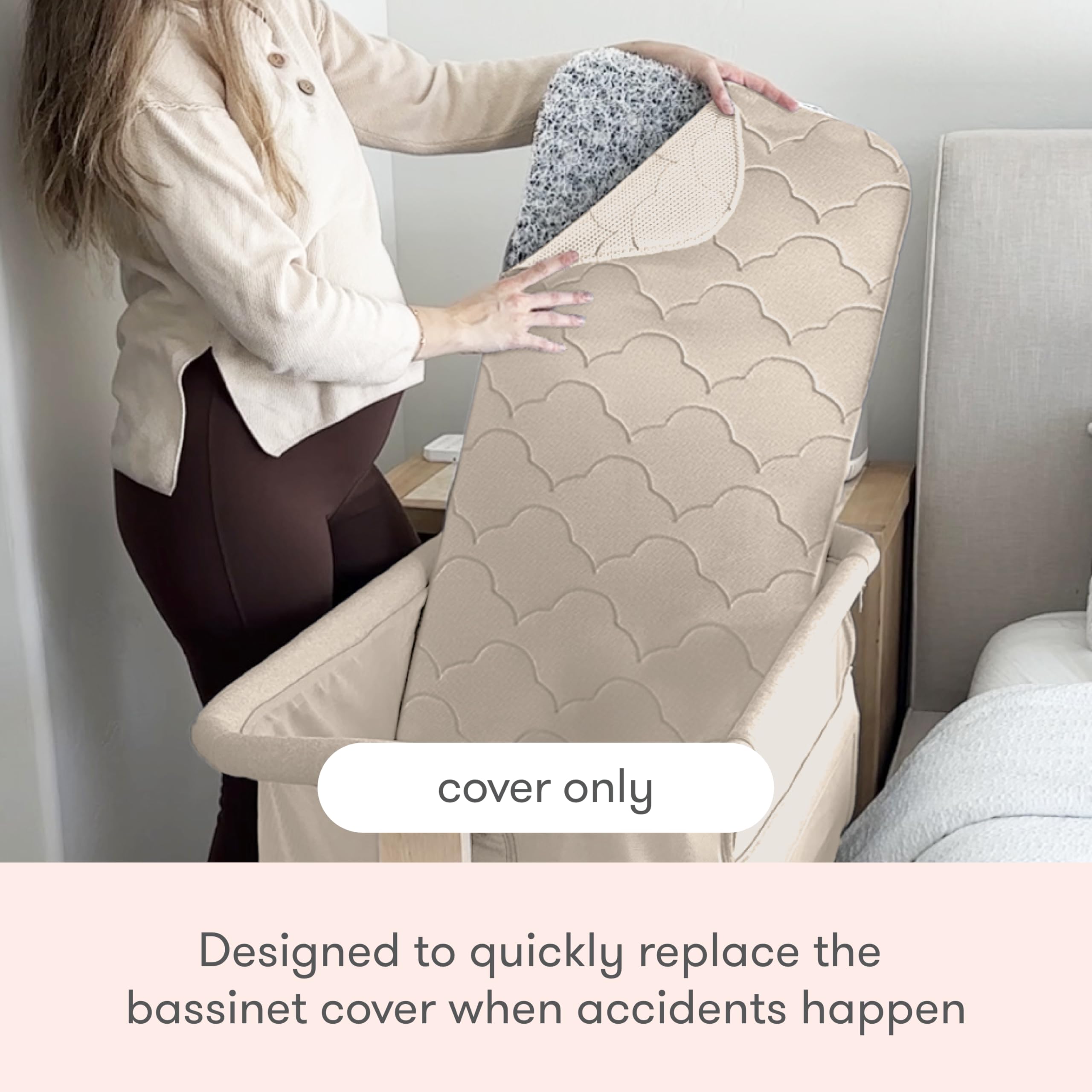 Newton Baby Bassinet Cover Sandstone showcases breathable 3D mesh for baby comfort.