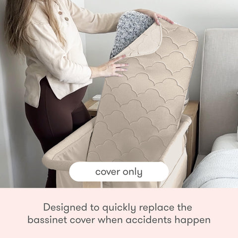 Newton Baby Bassinet Cover Sandstone showcases breathable 3D mesh for baby comfort.