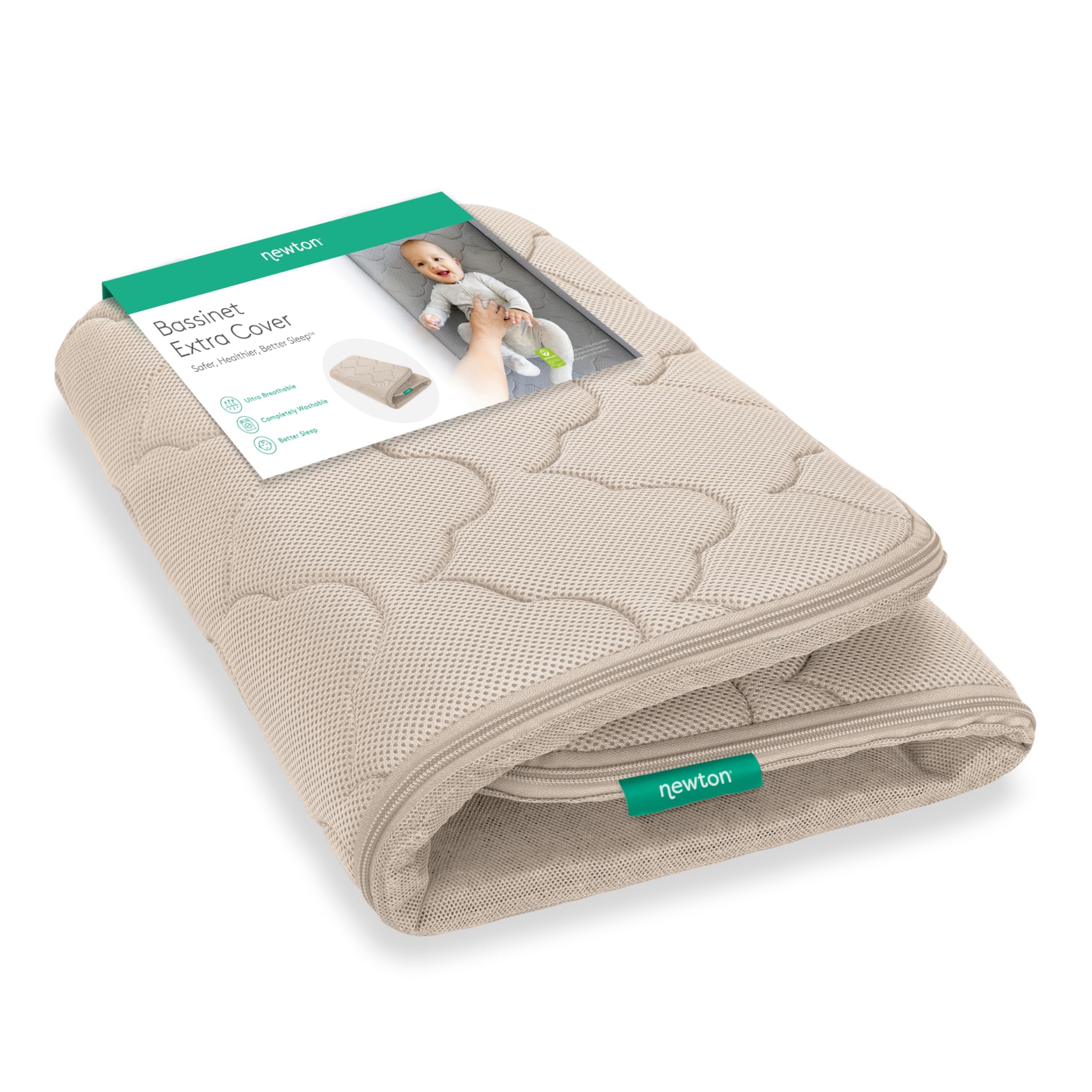 Newton Baby Extra Bassinet Cover Sandstone close-up highlighting breathable mesh for cooler nights.