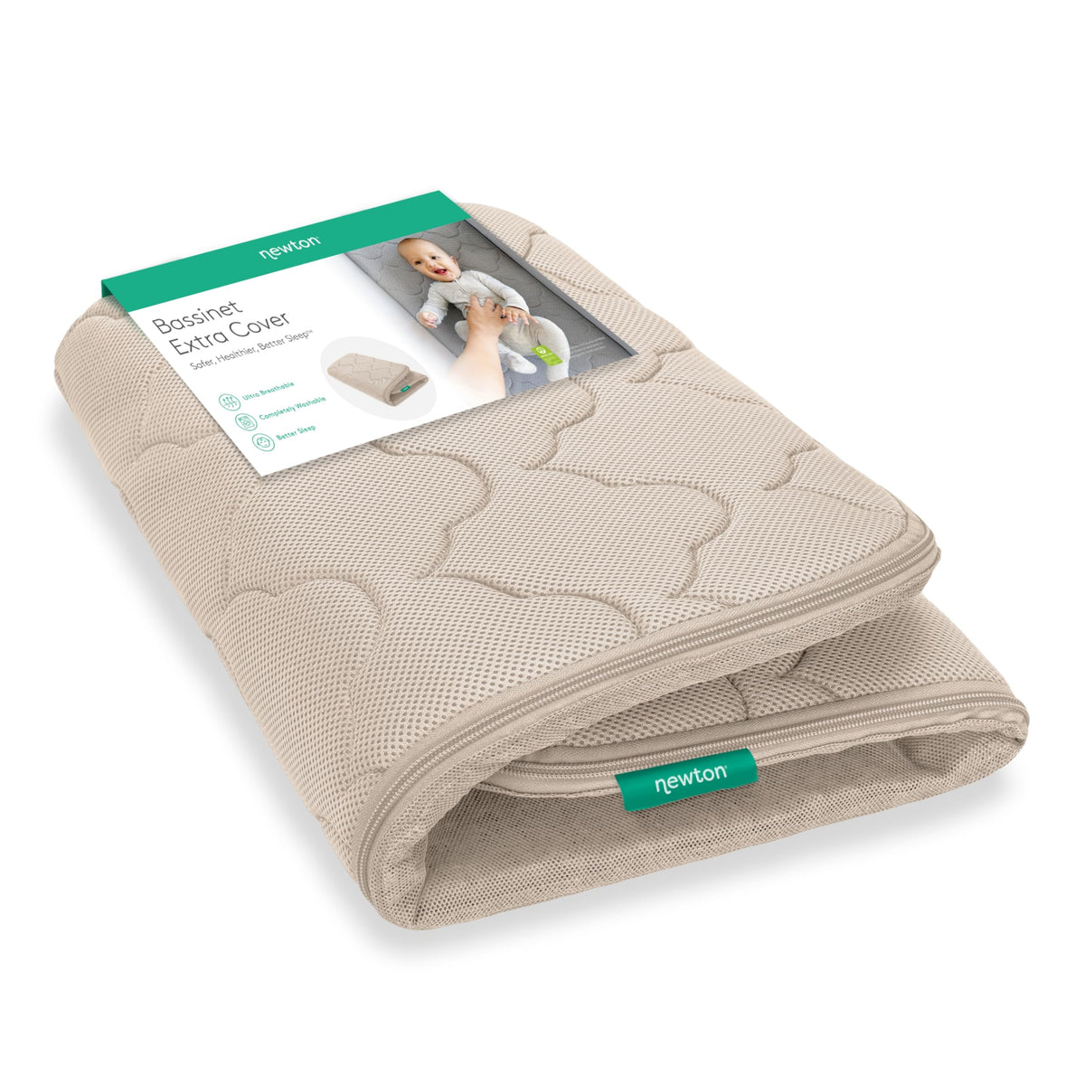 Newton Baby Extra Bassinet Cover Sandstone close-up highlighting breathable mesh for cooler nights.