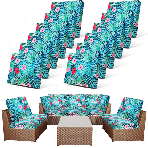 Newwiee twelve-piece patio cushion cover with colorful palm leaf pattern protects outdoor cushions