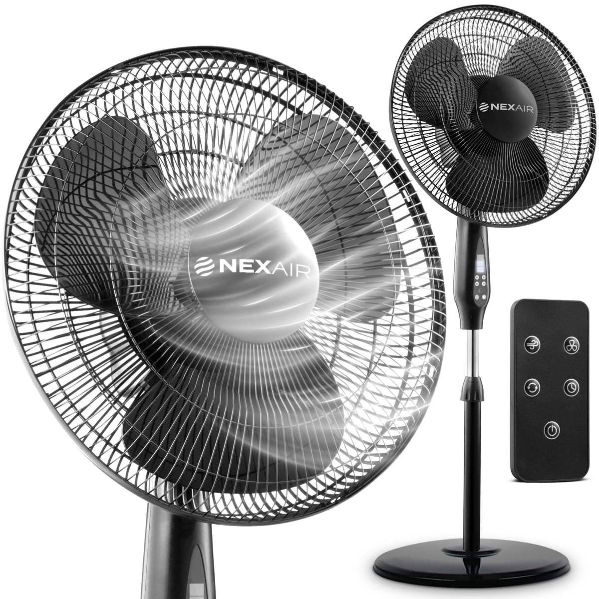 NEXAIR 16-inch oscillating pedestal fan cools a living room evenly.