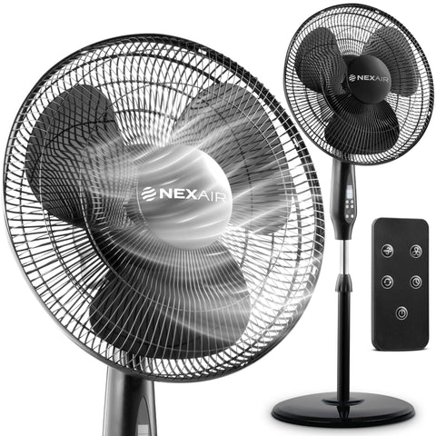 NEXAIR 16-inch oscillating pedestal fan cools a living room evenly.