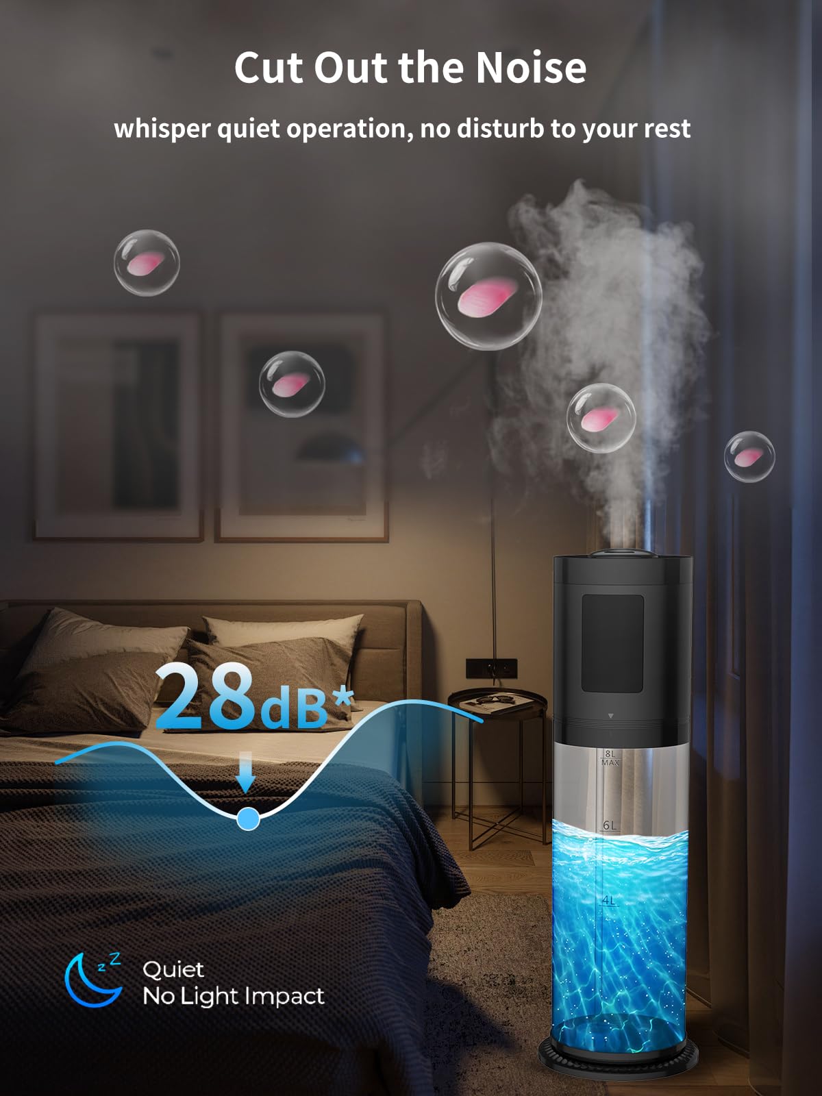 Nexva 8L humidifier features soft ambient lighting for a calming mood.