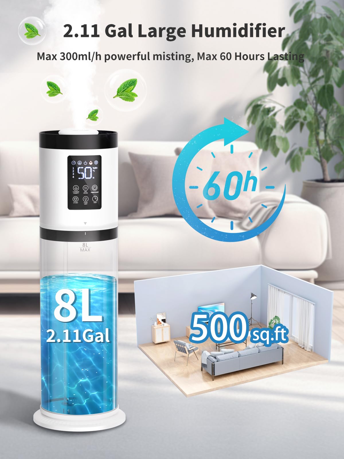 Nexva 8L humidifier demonstrates 500 ft² coverage for room comfort