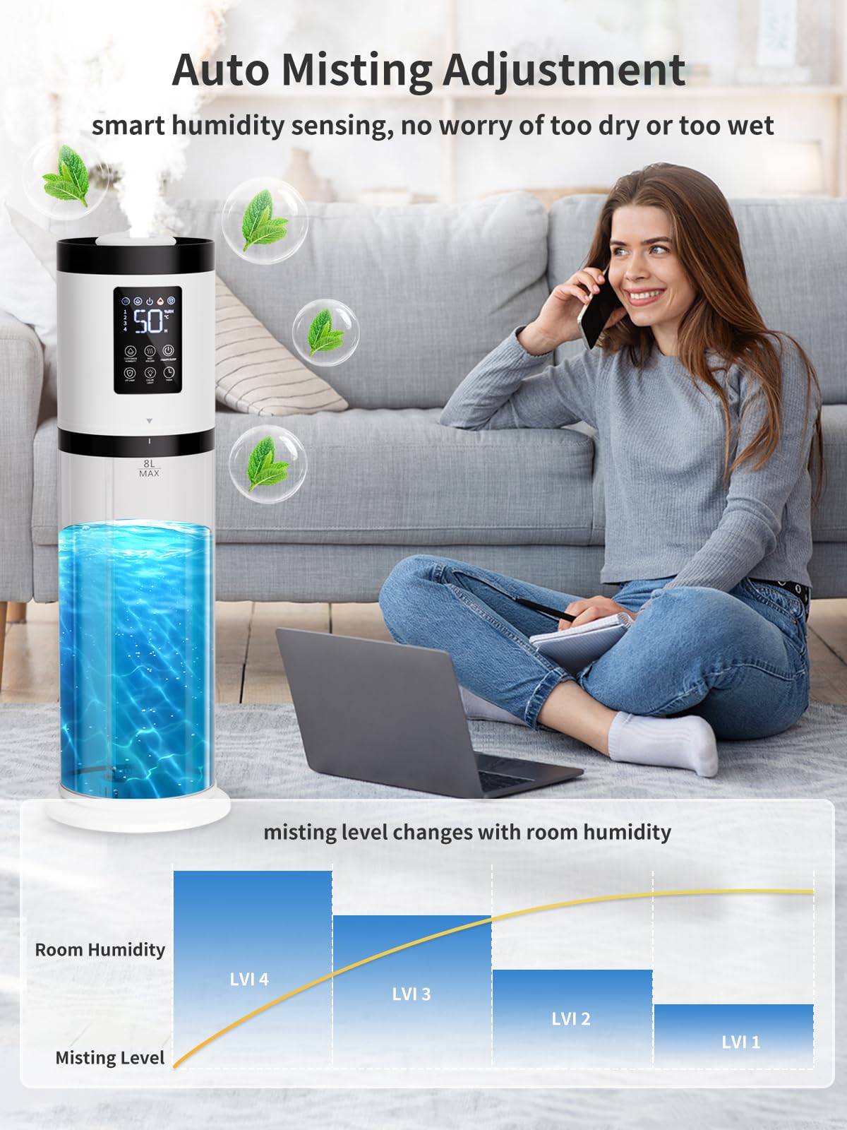 Nexva 8L humidifier humidistat maintains target humidity automatically