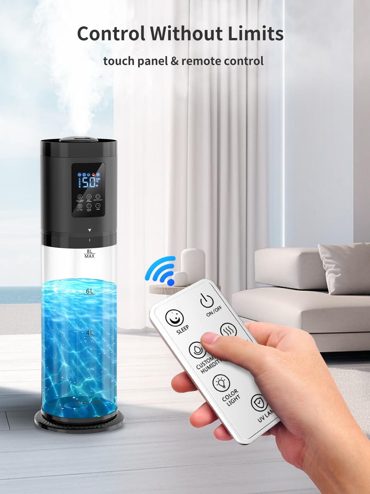 Nexva 8L humidifier has a transparent water tank for easy monitoring.