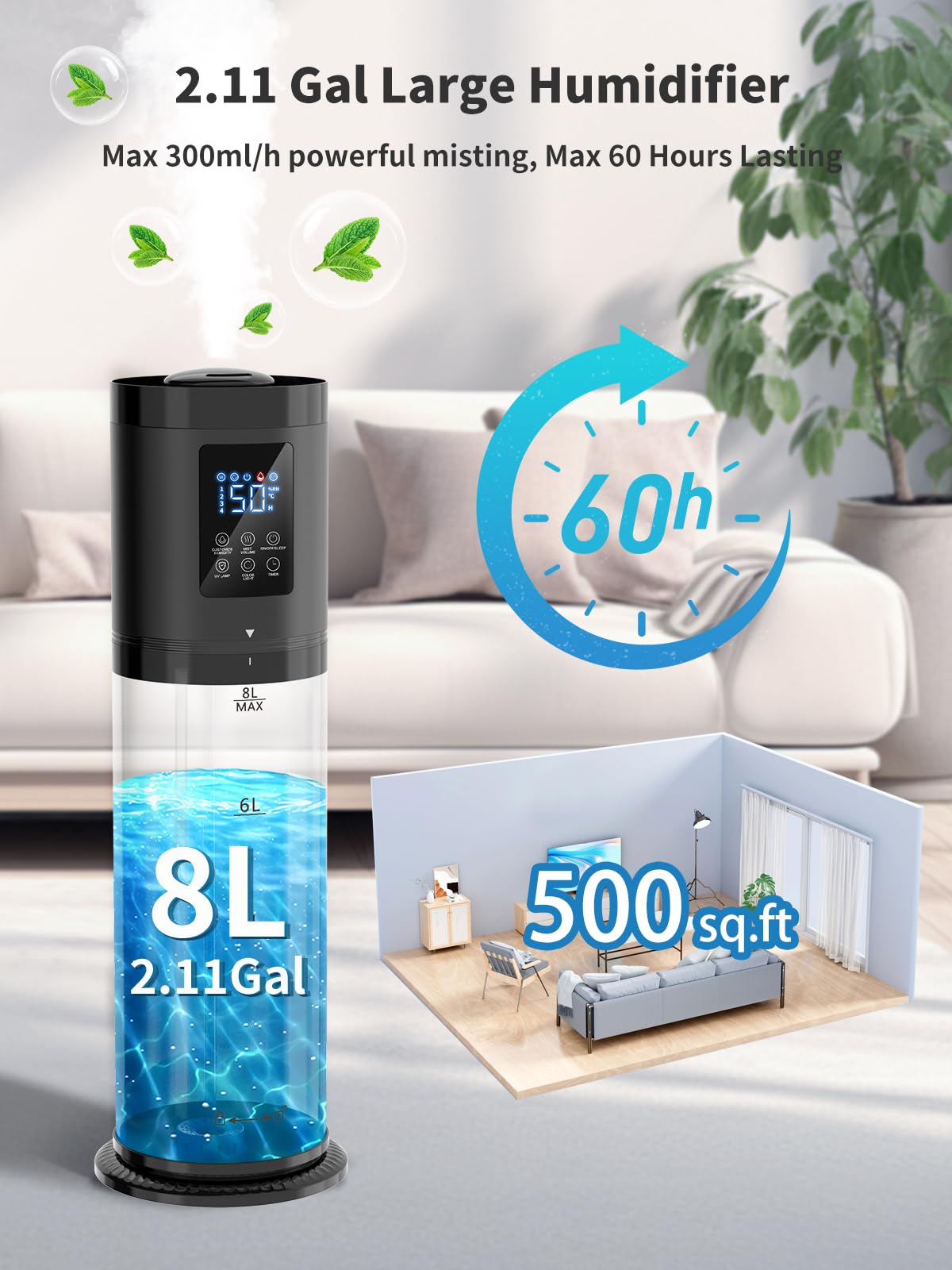 Nexva 8L humidifier in whisper-quiet sleep mode for undisturbed rest.