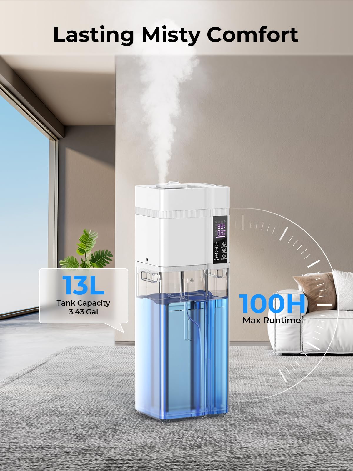 Nexva humidifier with 100-hour runtime on low setting for long-lasting moisture