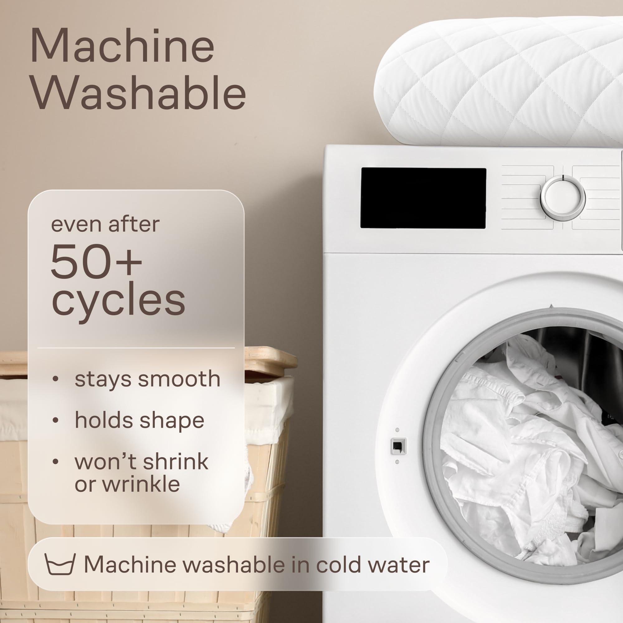 Niagara Cotton Mattress Pad care icon emphasizes easy washing.