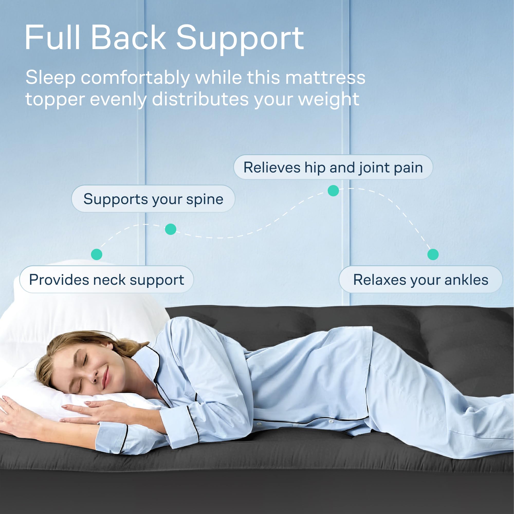 Product on bed highlighting cooling fabric and a clean dark gray aesthetic