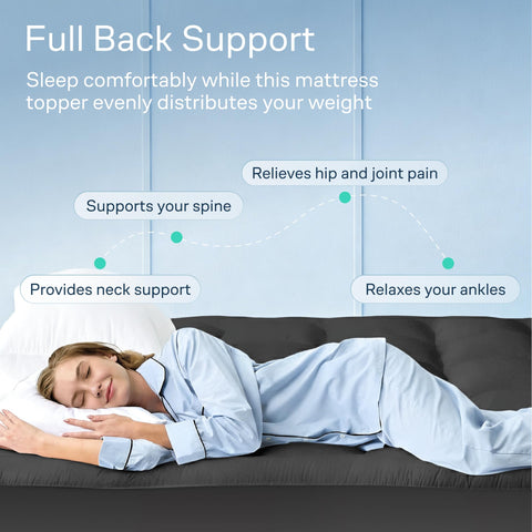 Product on bed highlighting cooling fabric and a clean dark gray aesthetic