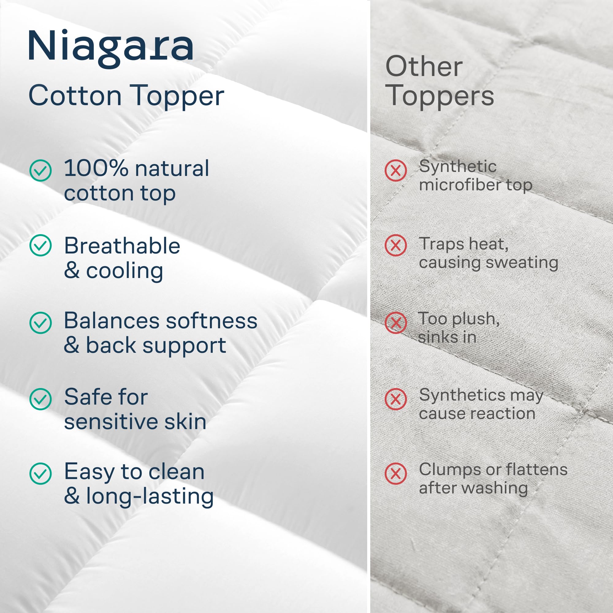 Niagara Sleep Solution twin XL topper shown on bed to enhance mattress feel.