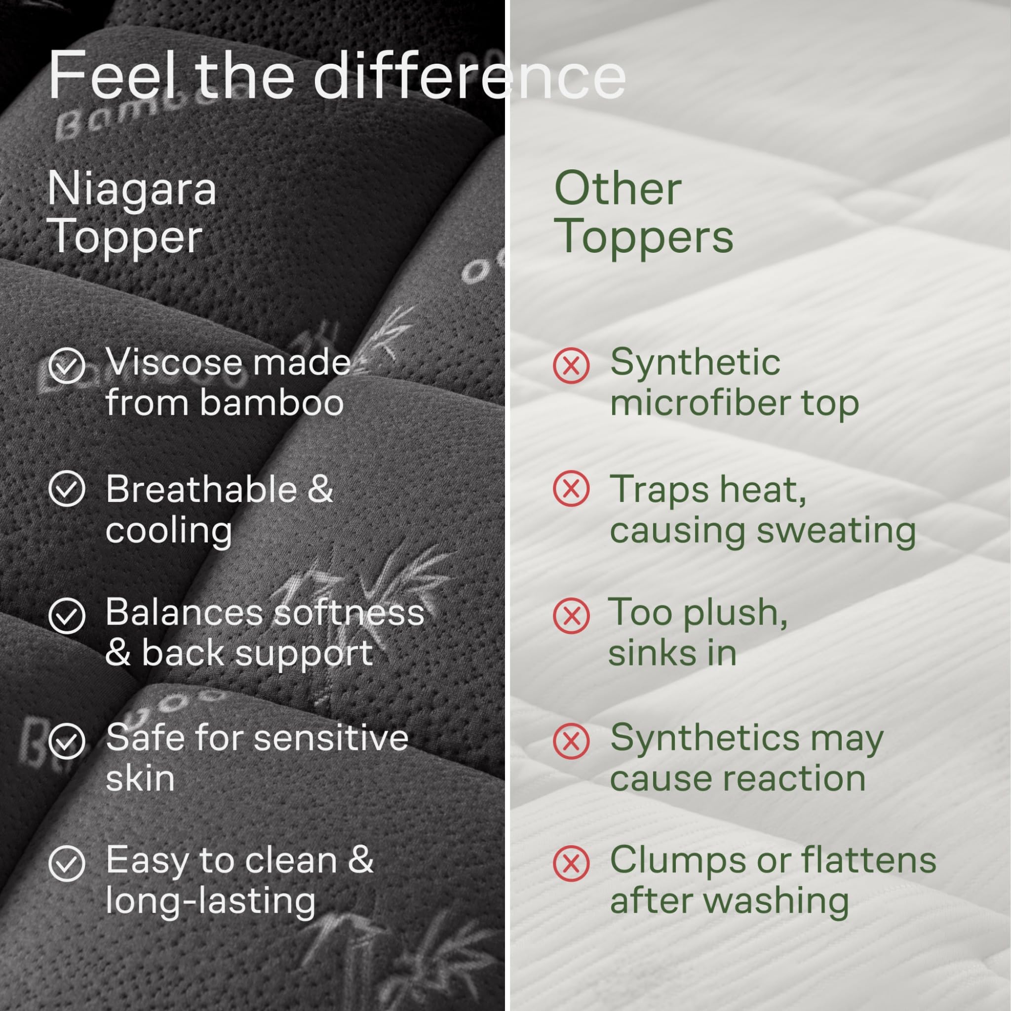 Niagara topper positioned on a bed demonstrating a cooler, breathable sleeping surface.