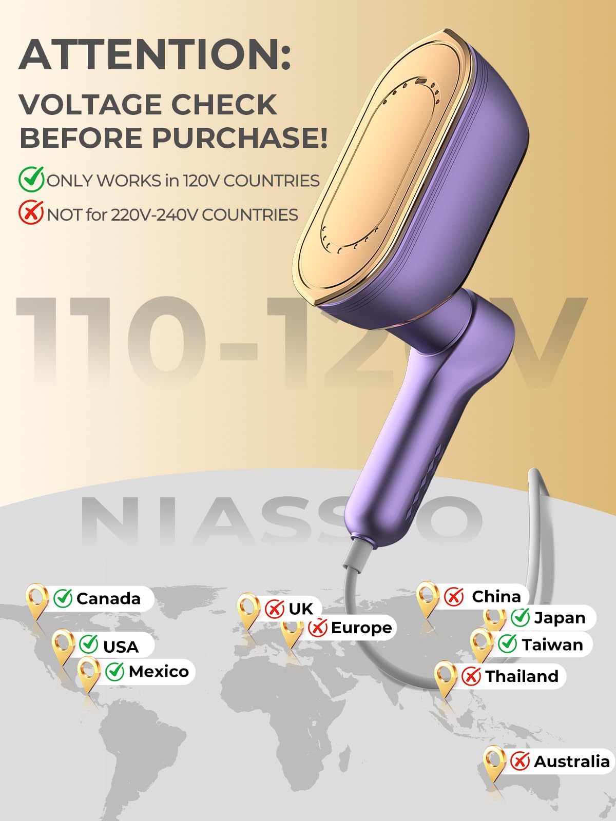 NIASSO fabric-safe steamer perfect for delicate materials and varied wardrobes.