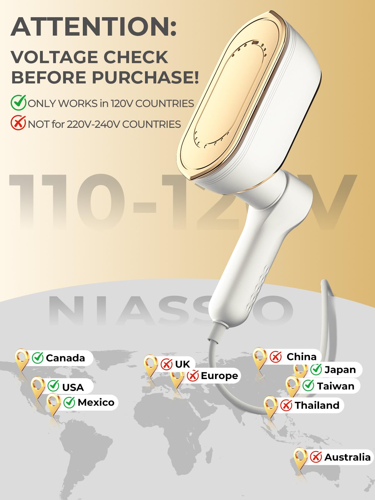 NIASSO steamer features 180-degree rotation handle for flexible ironing angles.