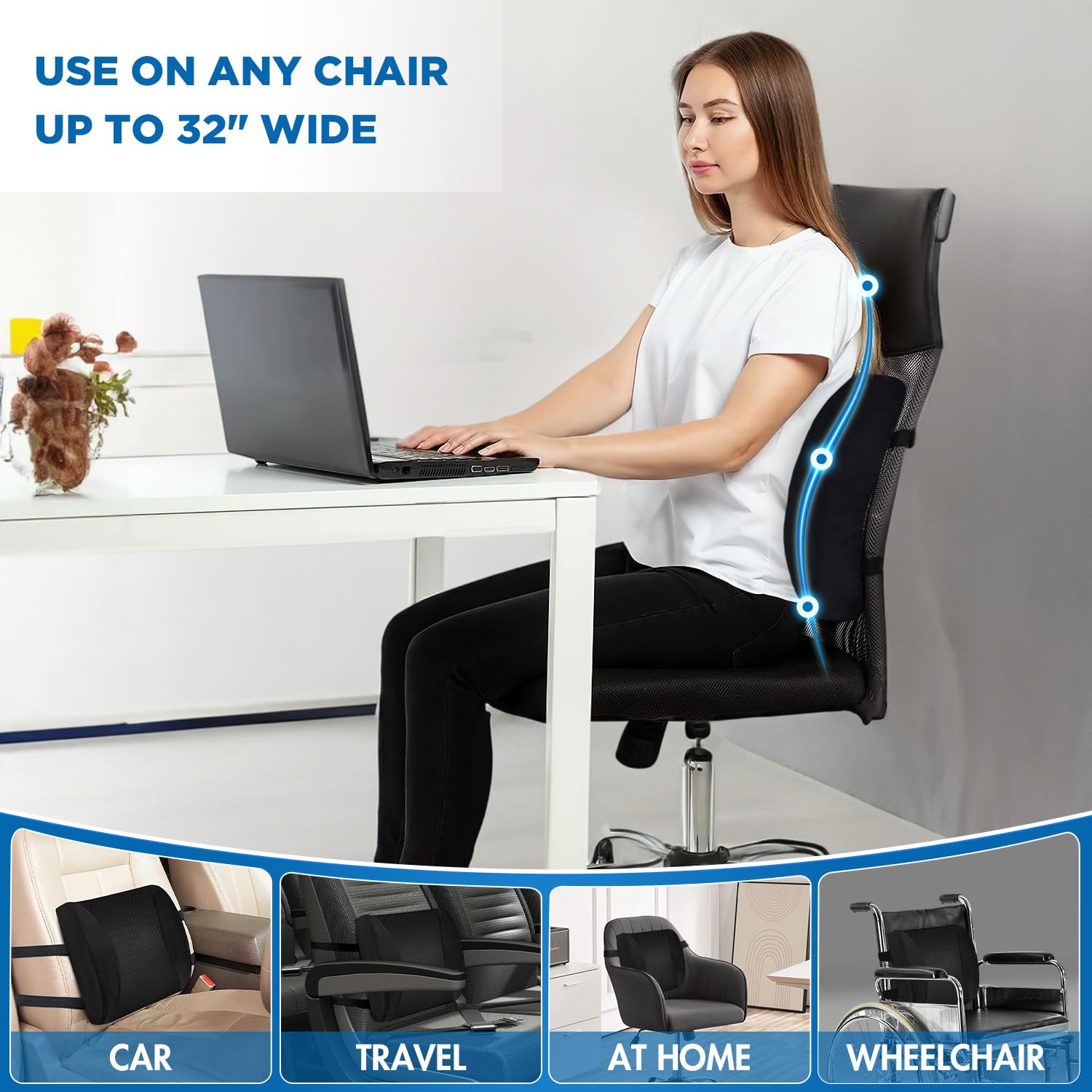 Niceeday lumbar cushion side view highlights secure fit with adjustable straps