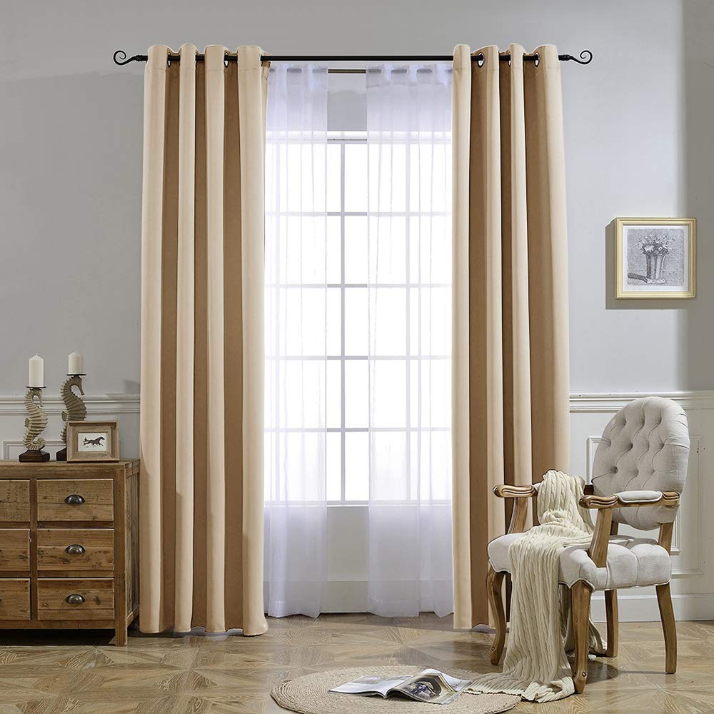 NICETOWN Biscotti Beige blackout curtains installed in a cozy bedroom setup