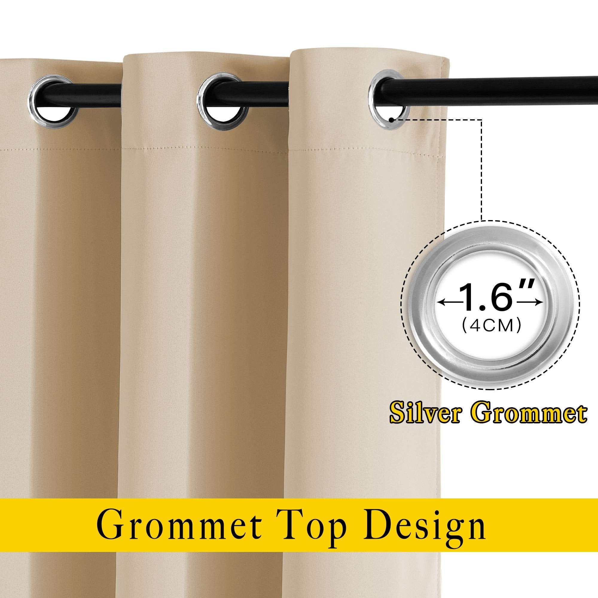 Illustration of NICETOWN Biscotti Beige blackout curtains showing thermal insulation concept