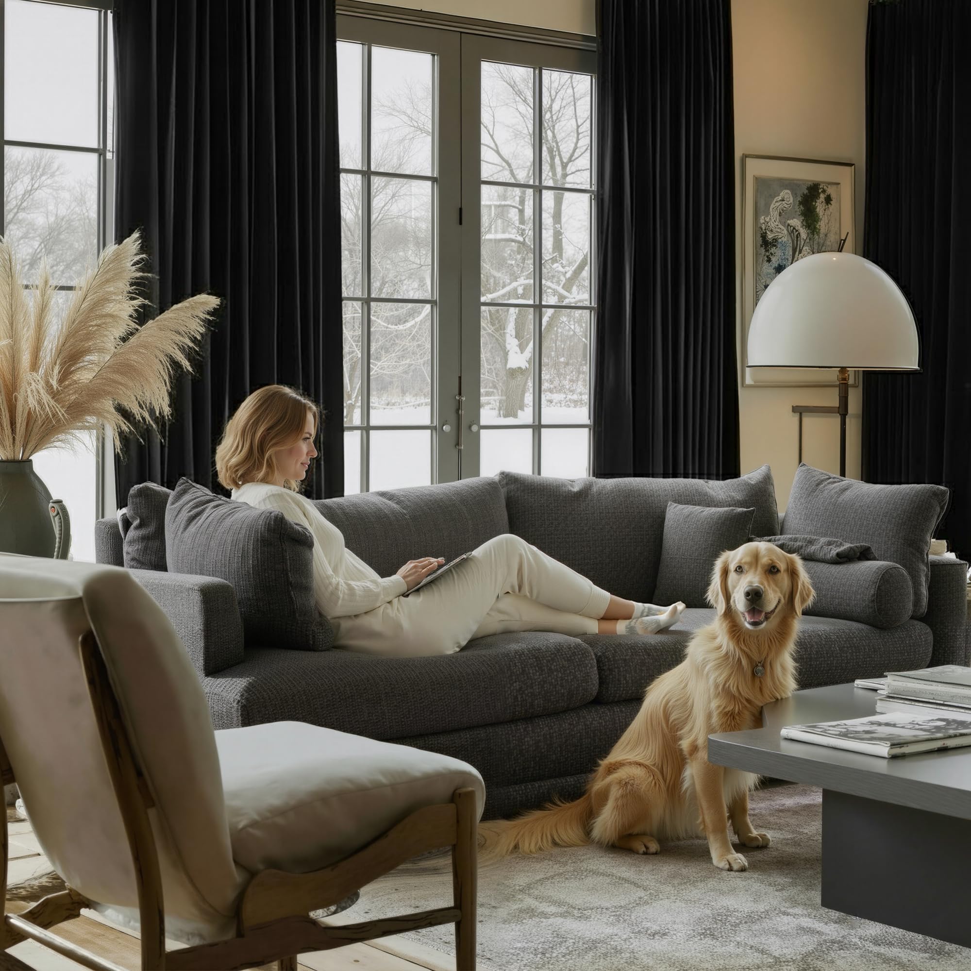 NICETOWN velvet curtains demonstrate light dimming for a calmer living room