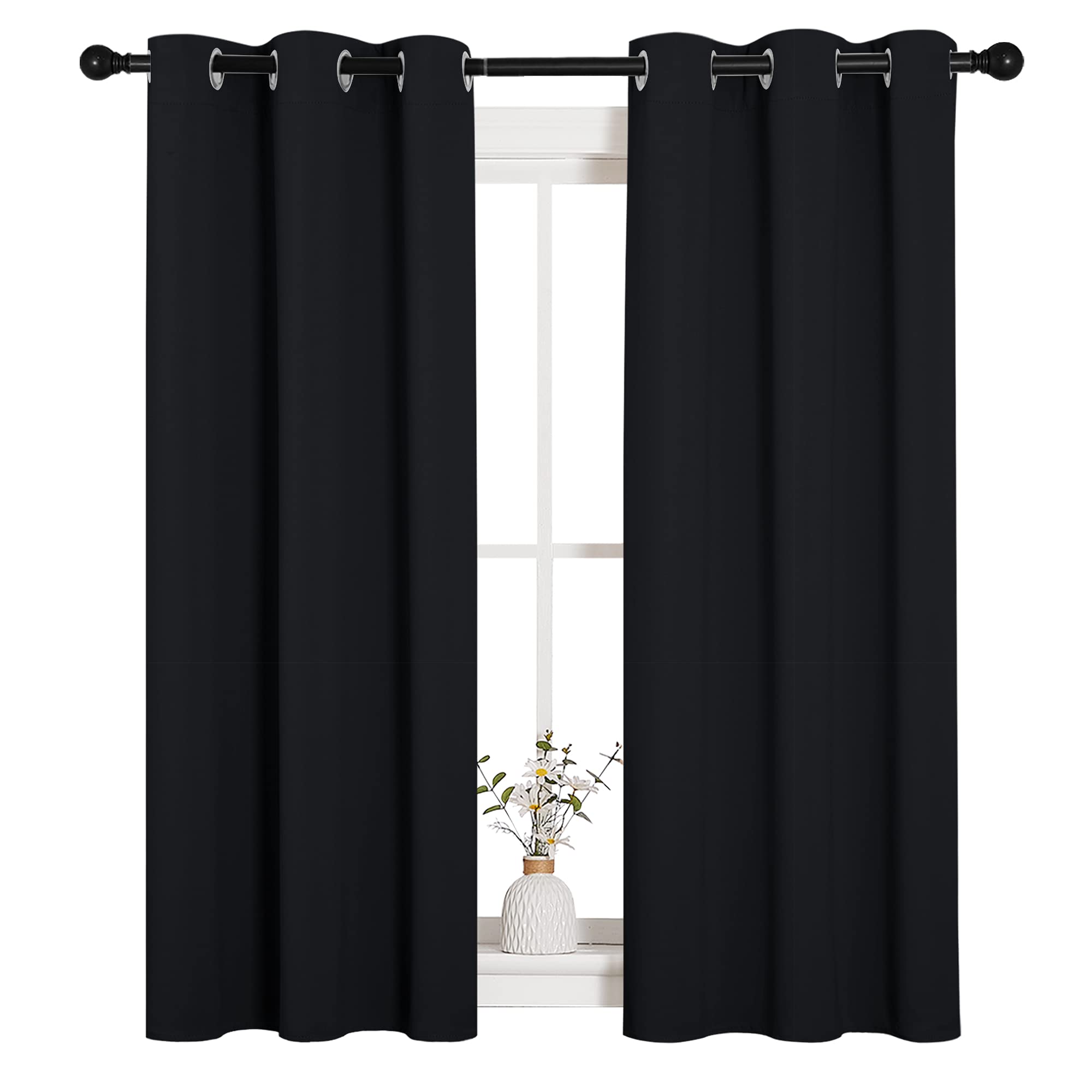 NICETOWN blackout curtains 2-panel 34x54 in black with silver grommets for smooth sliding and privacy.
