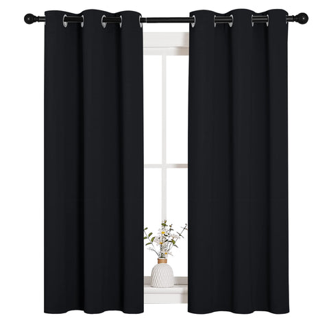 NICETOWN blackout curtains 2-panel 34x54 in black with silver grommets for smooth sliding and privacy.