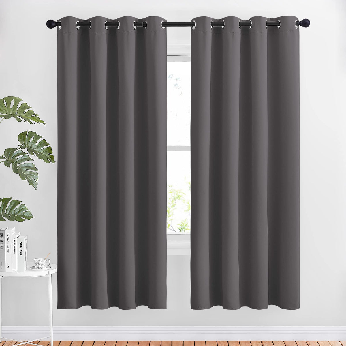 NICETOWN blackout curtains front view showing stylish gray panels for easy installation.