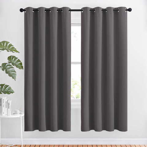NICETOWN blackout curtains front view showing stylish gray panels for easy installation.