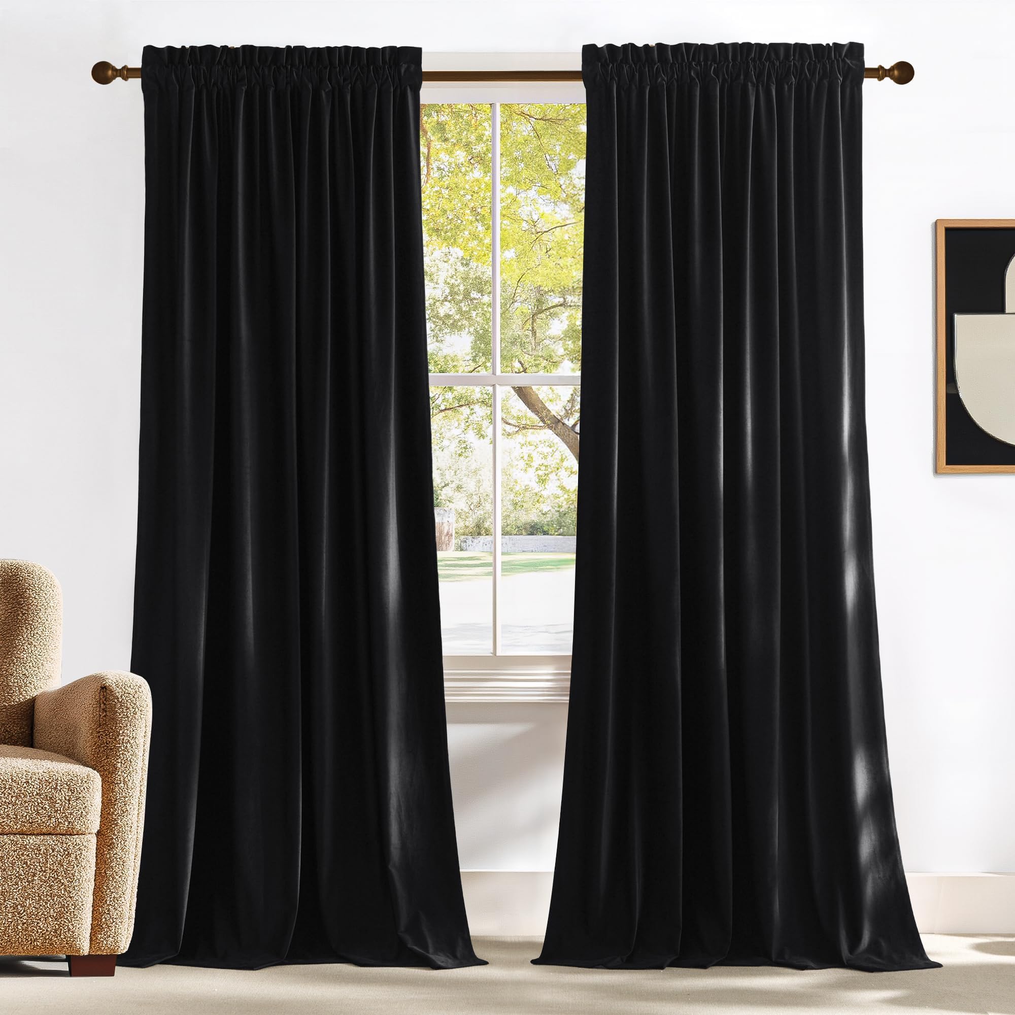 NICETOWN velvet blackout curtain panel setup blocks light for immersive movie nights.
