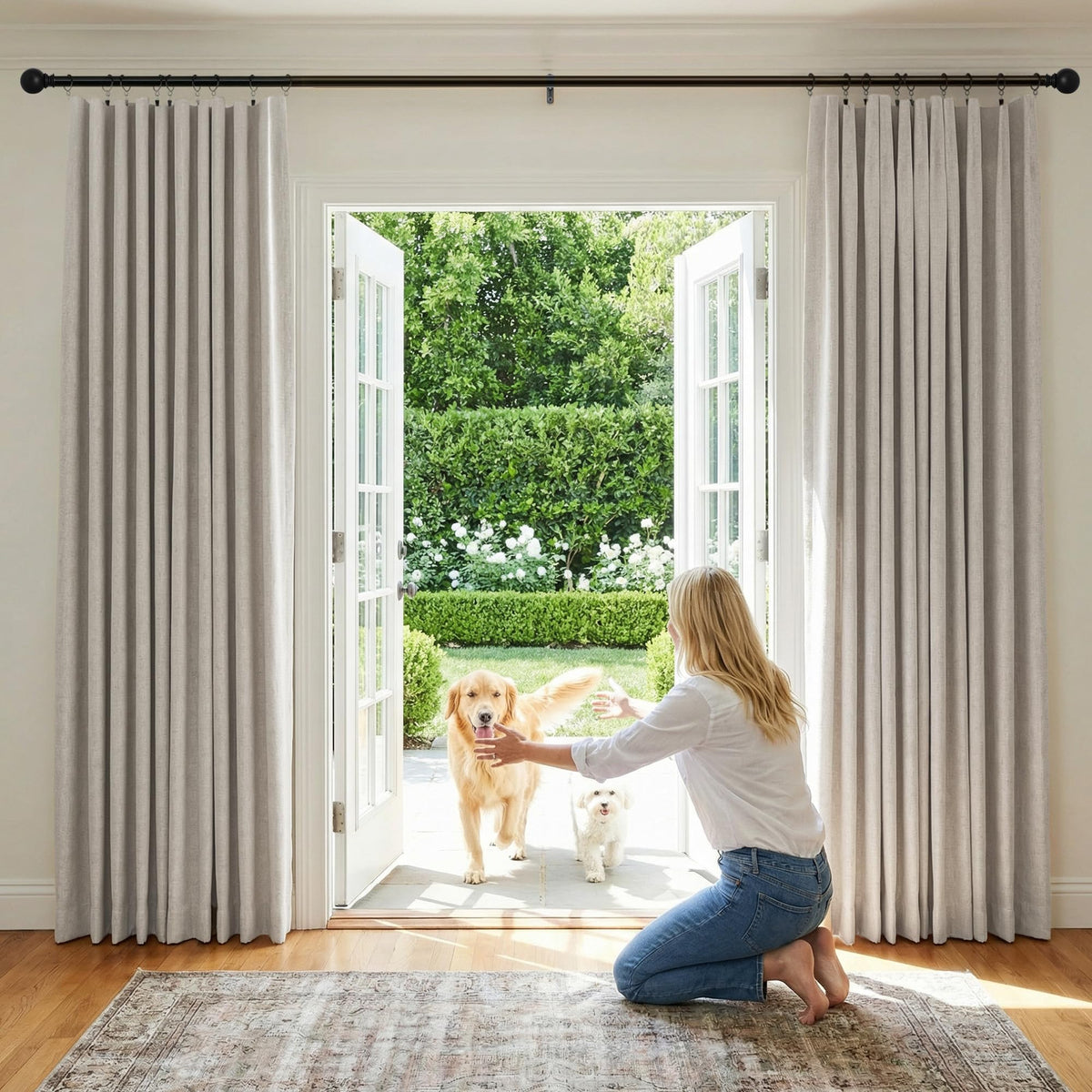 NICETOWN blackout linen curtains 90-inch natural, two panels for room darkening.