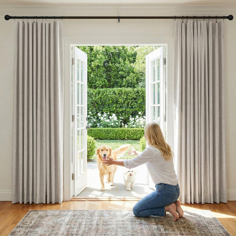 NICETOWN blackout linen curtains 90-inch natural, two panels for room darkening.