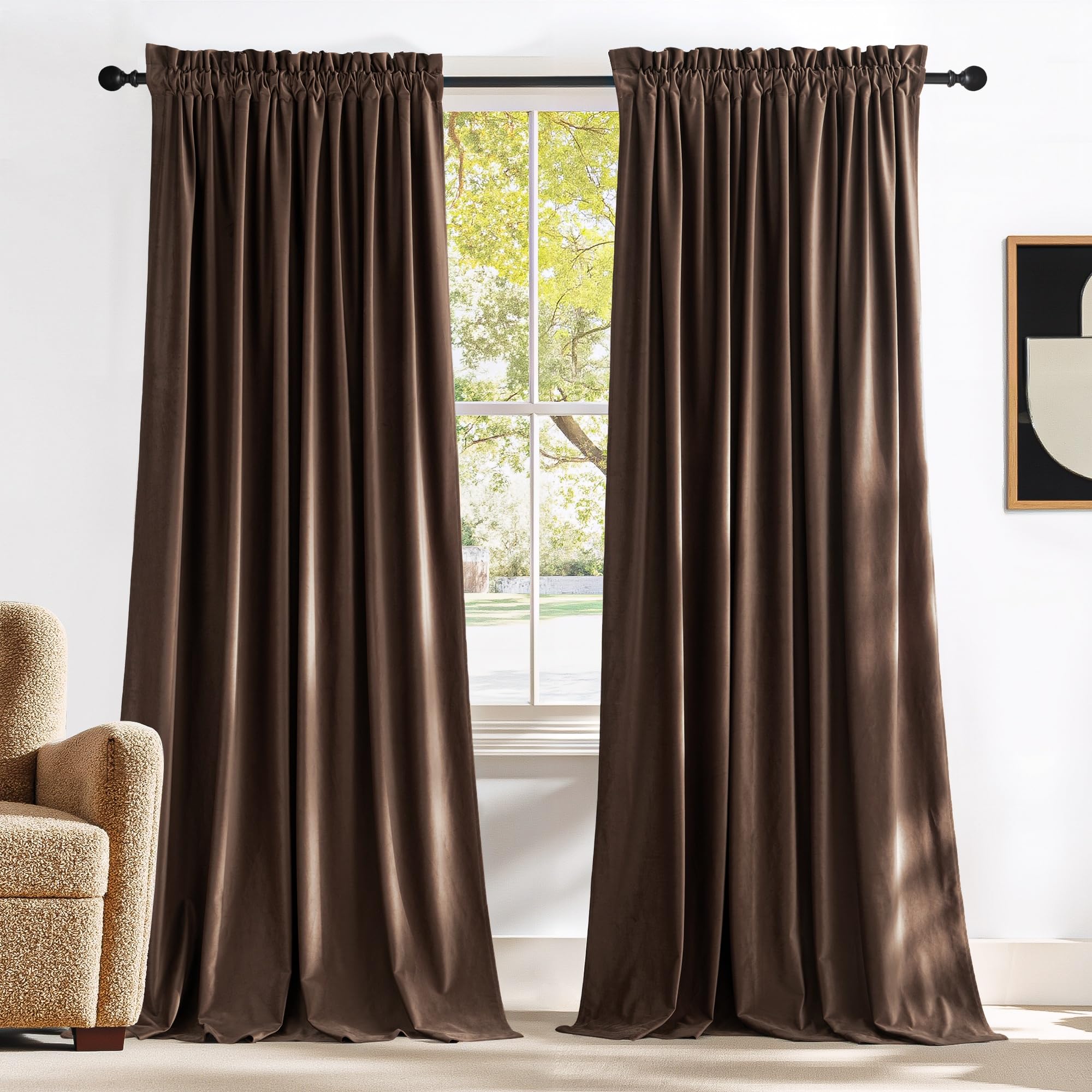 NICETOWN brown velvet blackout curtain panel front view blocks light with luxurious texture.